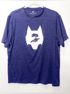 Greyson Wolf Logo Tree Print Performance T Shirt Size Large Heathered Blue Black